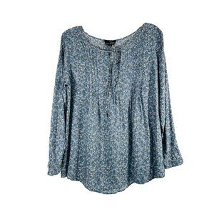 Suzanne Betro Blue Floral Long Sleeve Boho Blouse Womens XL Lightweight Rayon To
